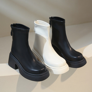 Women's thick-soled chunky heel ankle boots, Korean style fashionable black high heel round toe mid-calf boots, 2023 Spring and Autumn New