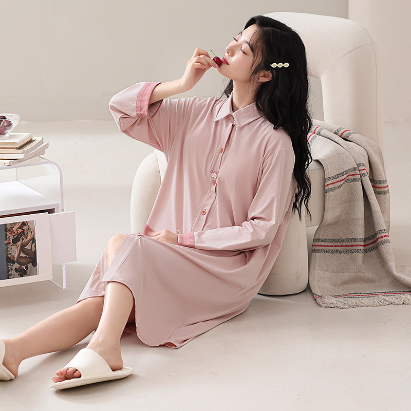 봄 가을 겨울 새로운 시원한 면화 풀 프레임 긴 소매 단색 배달을 기다리고 임산부의 잠옷을 편안한 레저 홈 밖에서 입을 수 있습니다