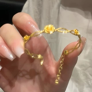 新中式黄金色玫瑰花手环复古精致中国风双层缠绕设计手链