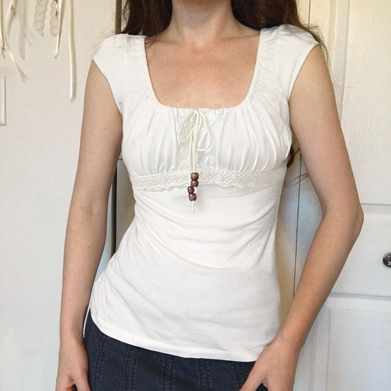 Retro Girly Beaded Drawstring Lace Patchwork Short Top with Sweet Pleated Square Neck and Waist, Versatile Short Sleeves
