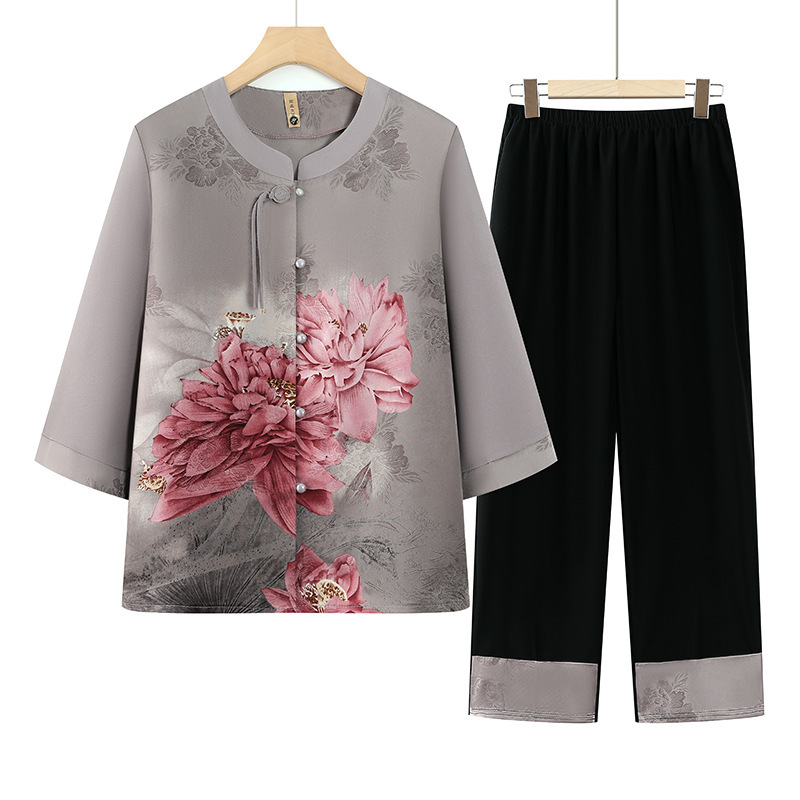 Grandma's Summer Clothes, New Chinese Style Clothes for Middle-Aged and Elderly Women, Chiffon Shirts and Pants Suits, New Mother's Clothes Two-Piece Sets Grandma's Summer Clothes, New Chinese Style Clothes for Middle-Aged and Elderly Women, Chiffon Shirts and Pants Suits, New Mother's Clothes Two-Piece Sets