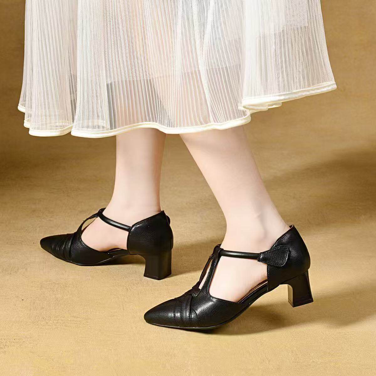 Sandal nữ da thật mũi nhọn gót vuông ổn định, đế mềm thoáng khí — màu be chi tiết 7