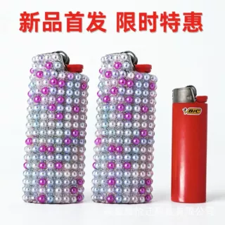 比克J6打火机套创意火机壳批发定制大颗粒珍珠锁精环男用小鸟笼延