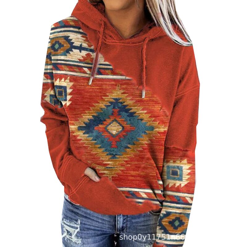 Autumn and Winter New Trendy Women's Clothing Western Aztec Print Pattern Hoodie Casual Long-Sleeved Women's Sweatshirt