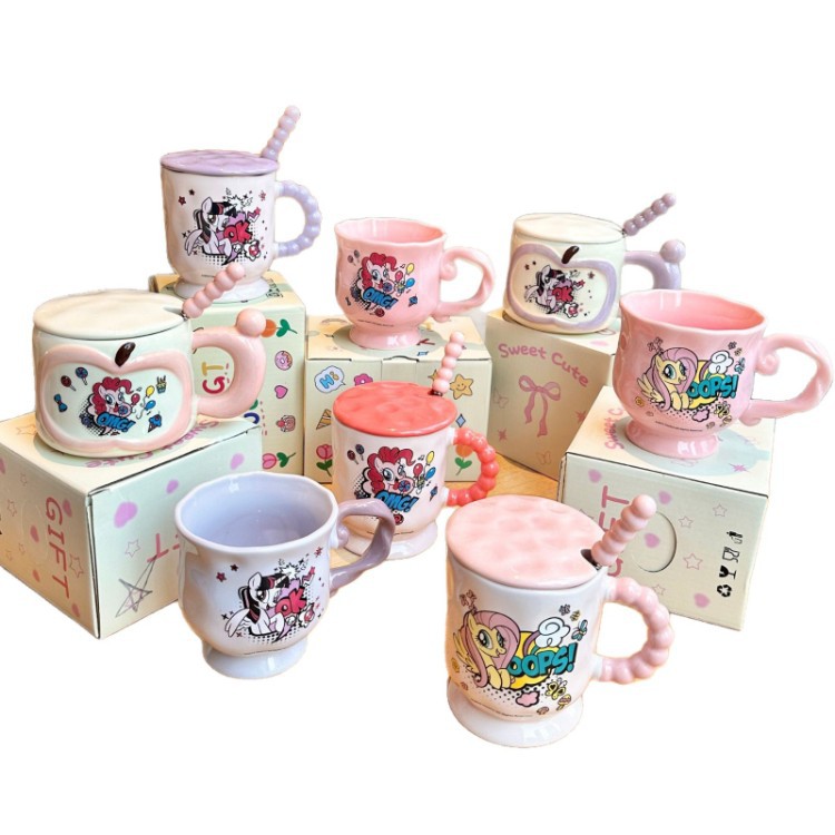 Pony Poly con tapa de marca taza de cerámica taza de agua doméstica taza de oficina taza de café encantadora de alto valor