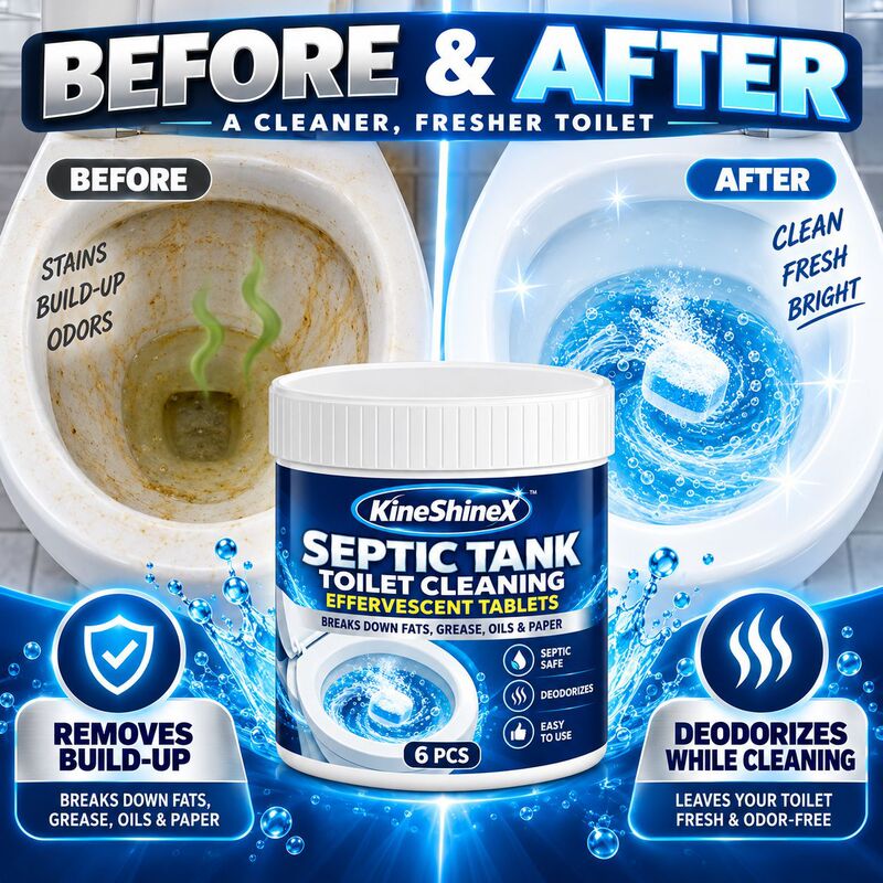 KineShineX septic tank toilet cleaning effervescent tablets for cleaning, decontaminating, and deodorizing both squat and pedestal toilets KineShineX septic tank toilet cleaning effervescent tablets for cleaning, decontaminating, and deodorizing both squat and pedestal toilets