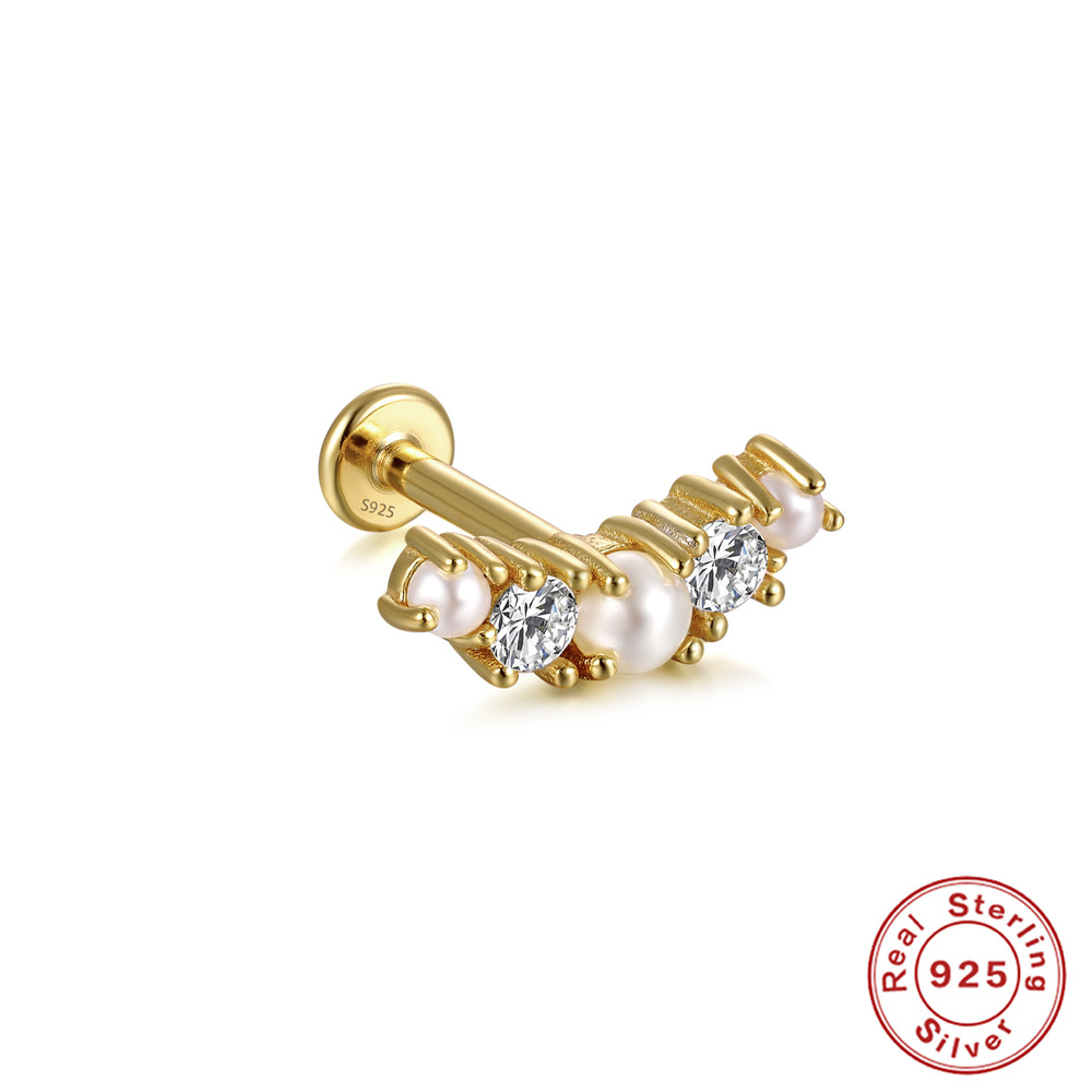 Nueva moda s925 plata esterlina estilo ins arco de una sola fila diamante incrustado perla 16G cabeza plana piercing hilo oído hueso clavo