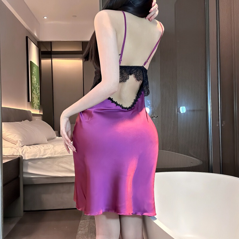 春と夏の女性のためのセクシーなパジャマ、胸パッドと美しい背中を備えた薄いシルク、純粋な欲望スタイル、白と紫のサスペンダーナイトガウン、ホームウェア|undefined