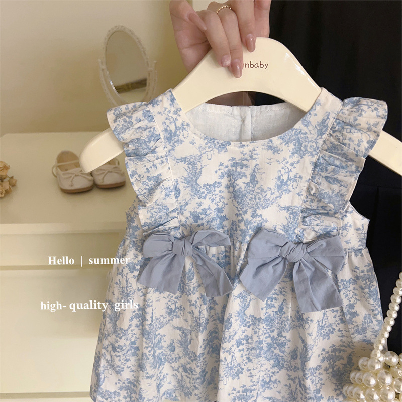 Xianning Seven 2025 niñas francés retro vestido floral verano nuevo vestido de princesa con lazo de moda para niños