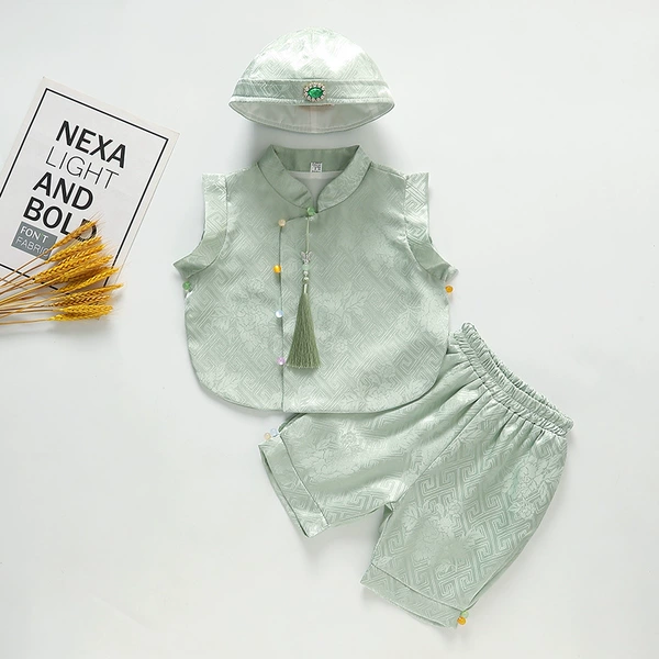 Rich Peony-Green [3-piece set, clothes, trousers and hats]