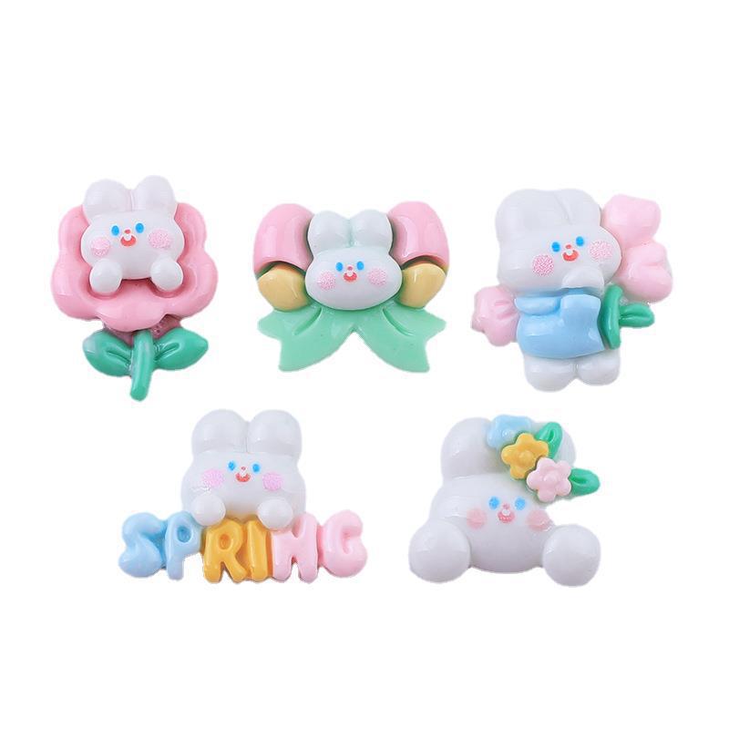 Brillante conejo blanco resina accesorios DIY crema pegamento sosteniendo flor conejo parche taza de agua pegatinas cuerda de pelo accesorios para el cabello banda de goma paquete de material