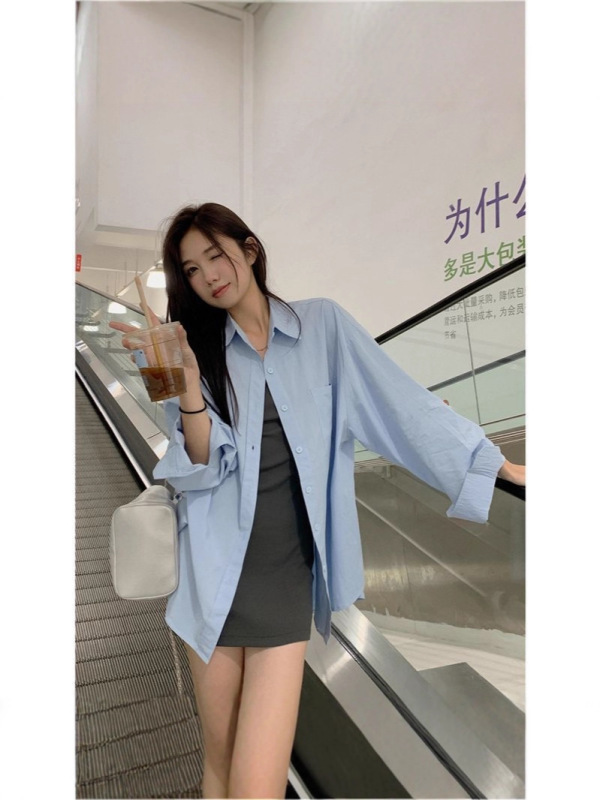纯棉粉色长袖衬衫女春秋季薄款宽松显瘦百搭休闲防晒外套开衫衬衣|undefined
