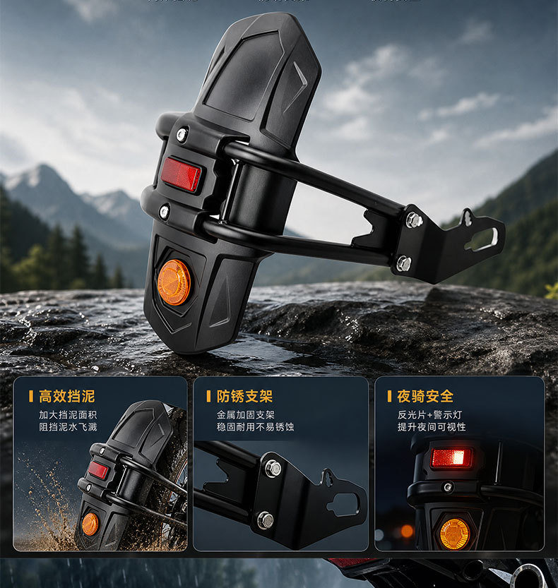 Motorcycle modified rear fender bracket with widened and enlarged mudguard and reflective strip for rear wheel splash protection during riding