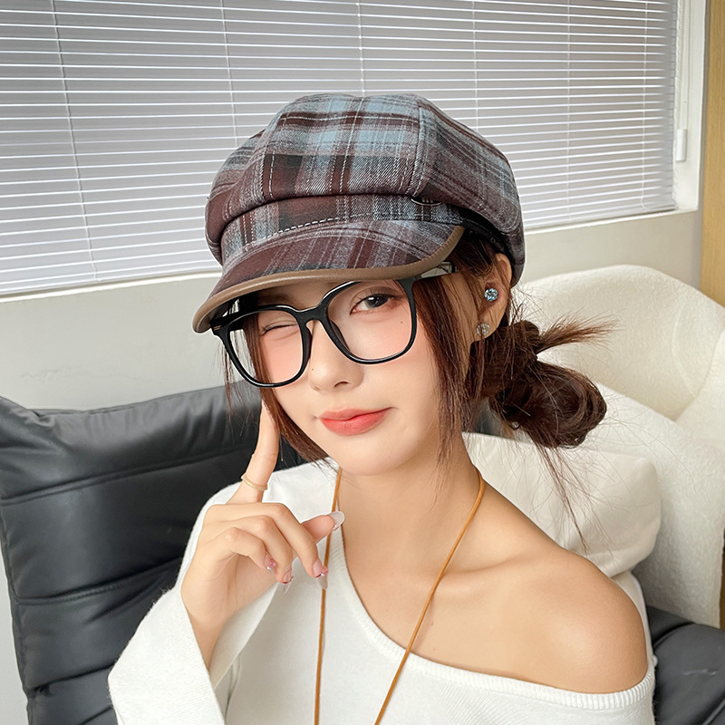 小香风格纹鸭舌八角帽女秋冬季百搭显脸小画家帽防晒报童帽|undefined