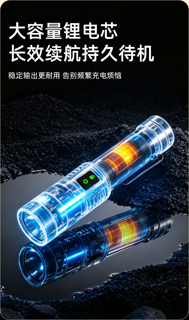 Cross-border warning bright flashlight, rechargeable, multifunctional side light, outdoor LED flashlight, long-range portable flashlight