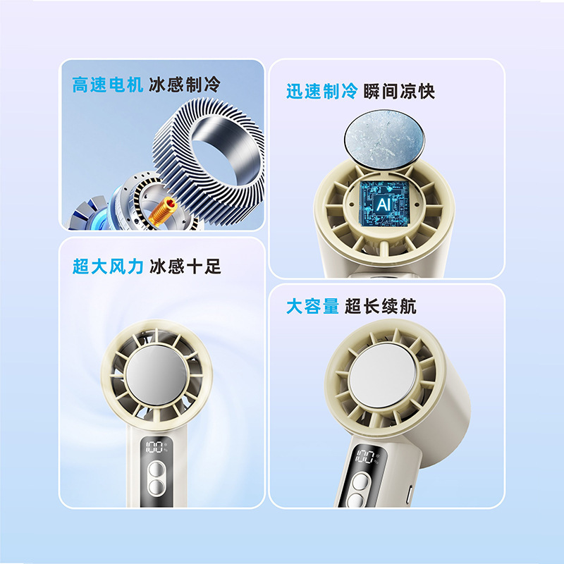 Ventilador de refrigeración de molde privado, refrigeración de turbina de alta velocidad, ventilador pequeño con compresa de hielo, ventilador de alta potencia con pantalla digital USB portátil para exteriores