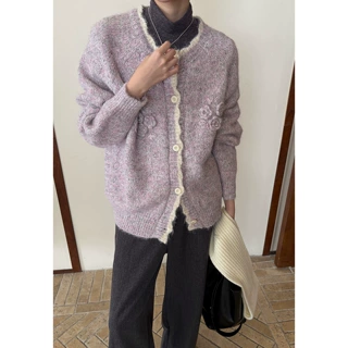 衣尔衫 立体玫瑰羊毛花边厚款毛衣外套女单排扣松弛感圆领YE0313