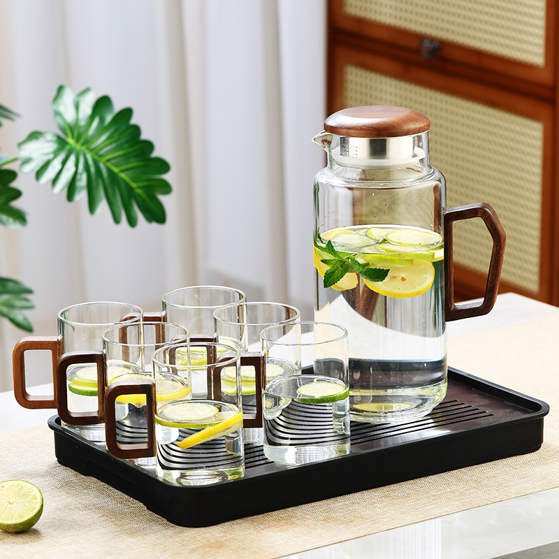 Botella de agua fría de vidrio, taza de agua, olla fría de madera de vidrio para el hogar, olla de té retro resistente al calor, taza de té, juego de agua image 18
