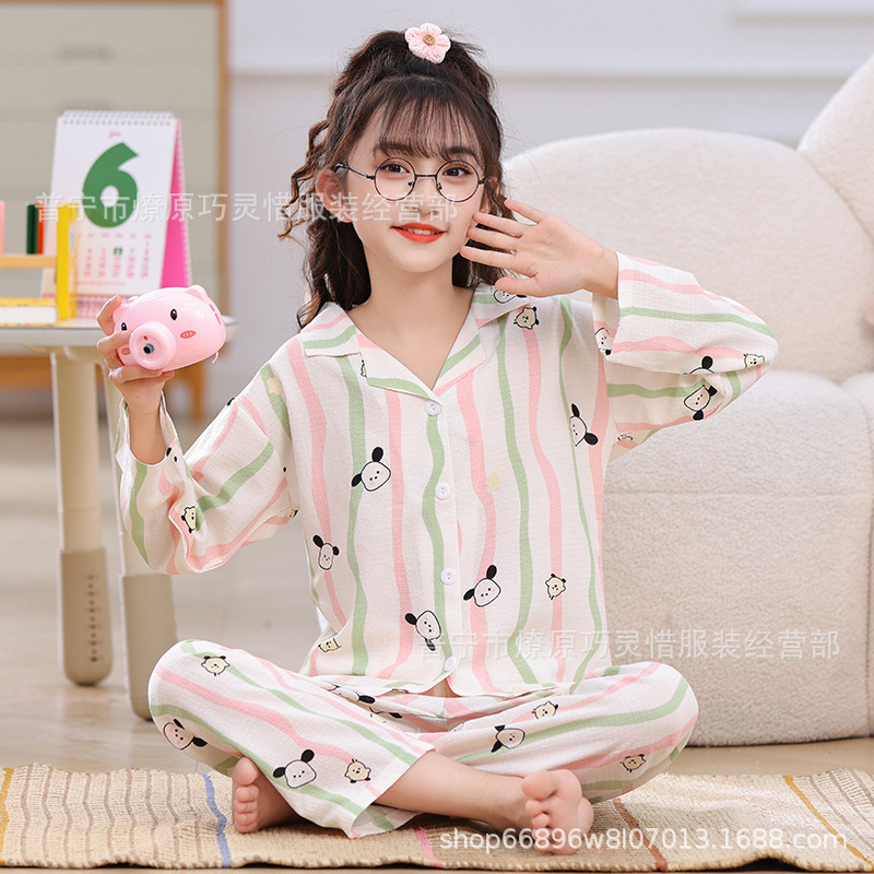 Pijama de niñas primavera y otoño dibujos animados tela espuma de tela delgada manga larga lindo ropa para niños de tamaño medio y grande ropa para el hogar