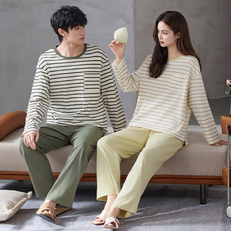 Pijamas de pareja de algodón primavera y otoño pantalones de mangas largas para hombres estriados ropa casera casual para mujeres primavera y otoño