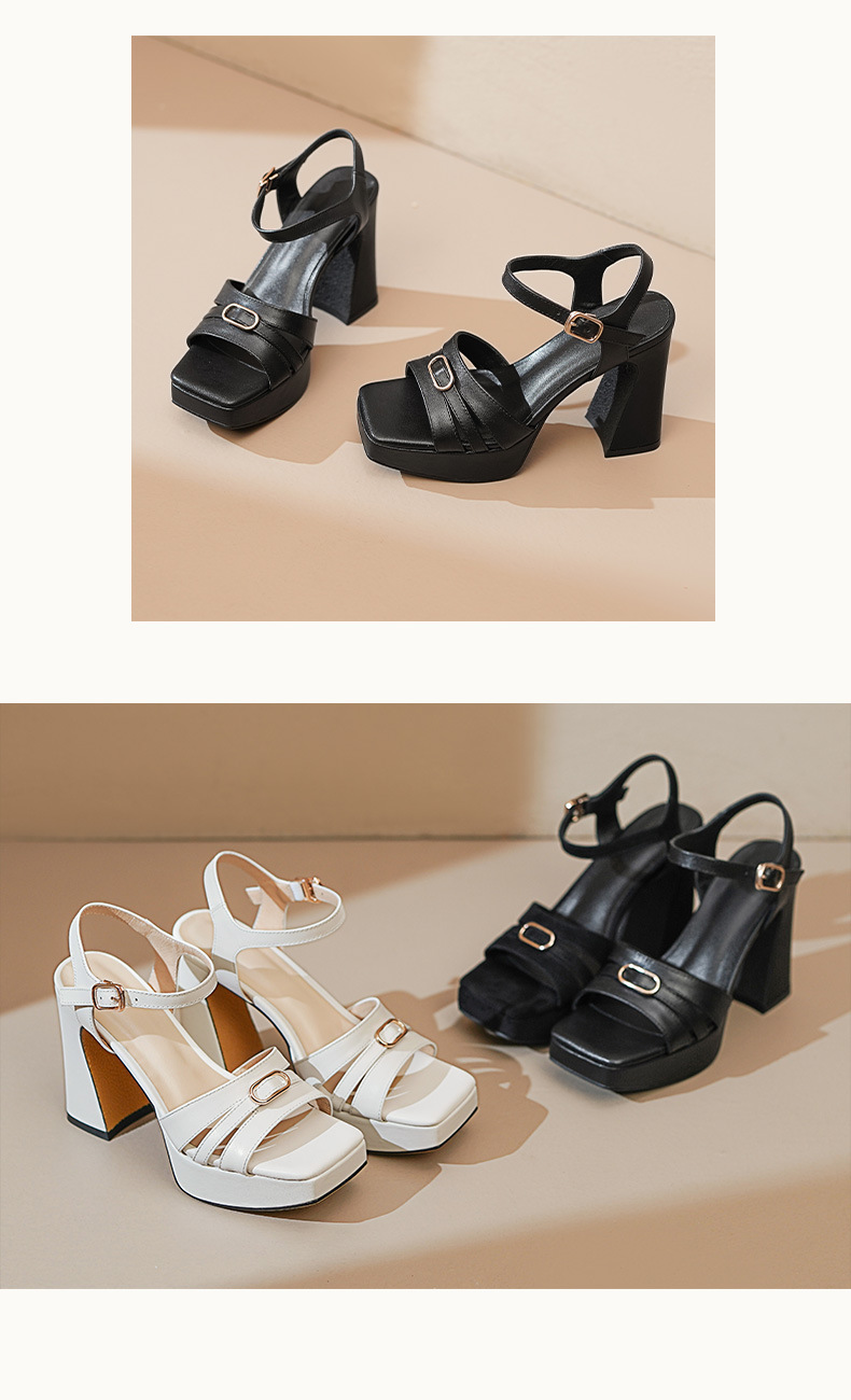 Sandal cao gót nữ hở mũi quai ngang khóa gót 10.5 cm — Da bò trắng gạo chi tiết 12