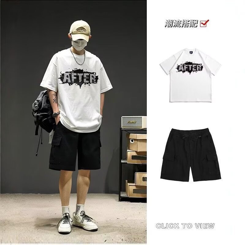 in stock wholesale popular fashion brand short sleeve shorts summer cotton t-shirt loose American Joker leisure sports suit