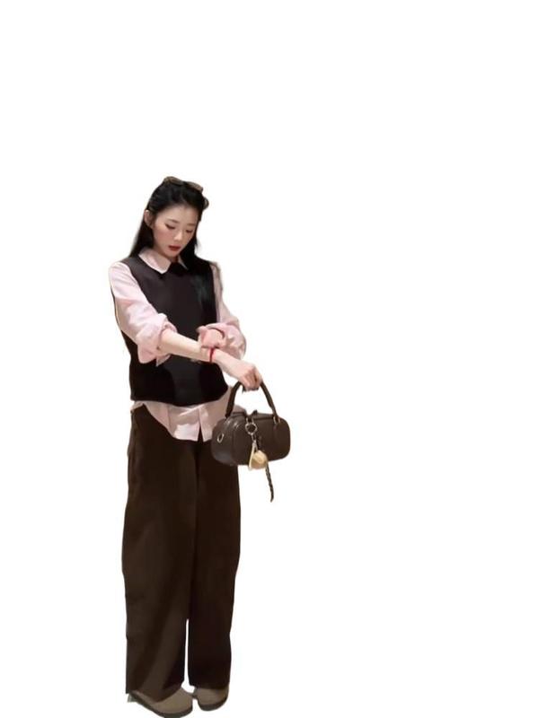 学院风棕色圆领马甲背心女2025新款早秋套装显瘦百搭衬衣开衫上衣|undefined