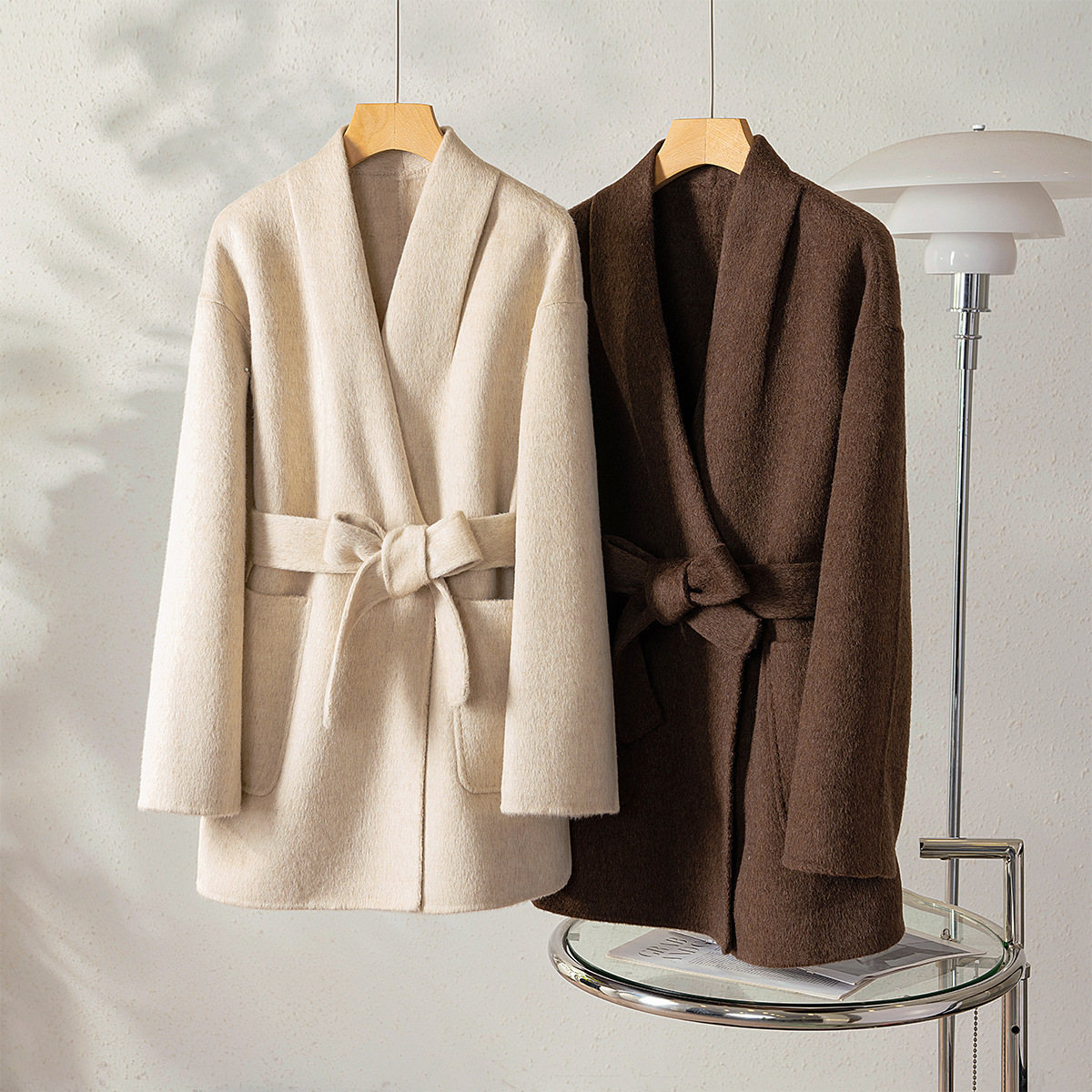 エンディウールコート レディース 2025秋冬新作 両面ウール 高級感 ウエストシェイプ キャメルベルベット 小柄さん向けコート