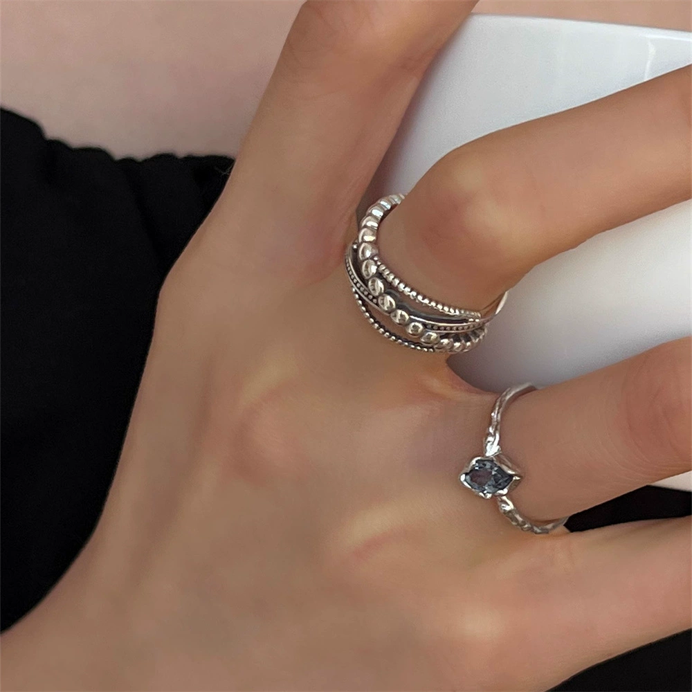 Retro ring, silver 925, one size, index-finger stackable beaded design
