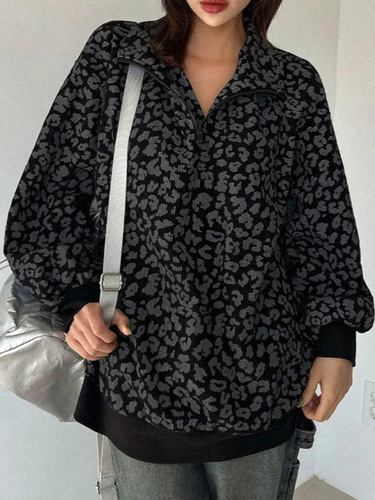 European and American new style retro leopard print stand-neck coat for women in early autumn design loose long sweater