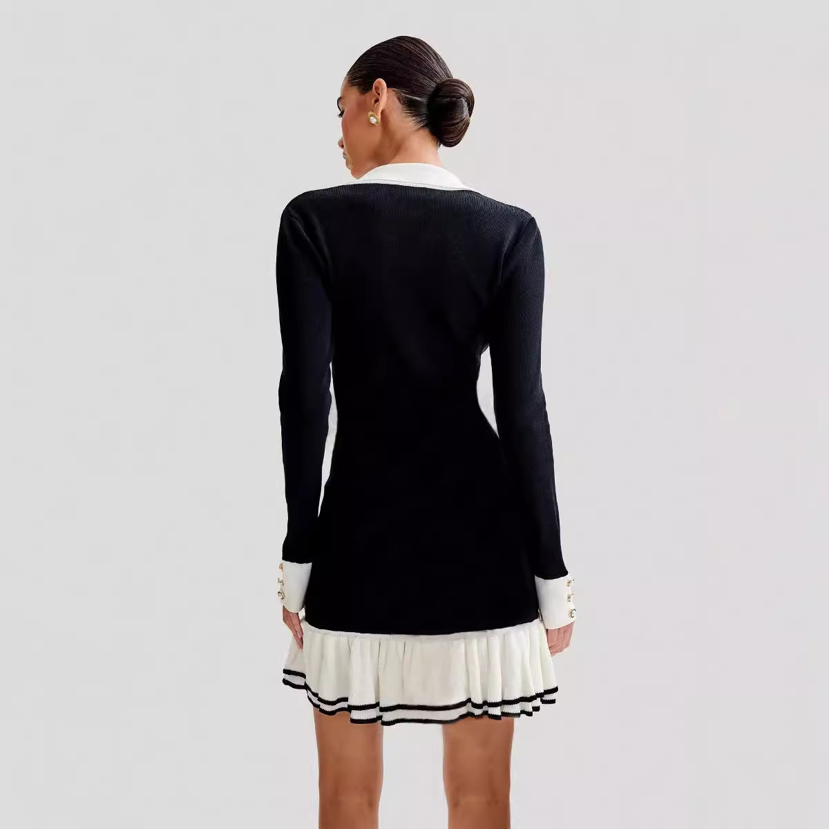 Women's Clothing bow tie ruffle knitted skirt sleeve pearl button small dress_voghion.com