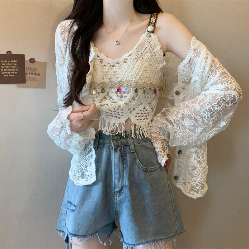 Ethnic Style Crocheted Cut Out Short T-Shirt Women's Spring Sun Protection Blouse Seaside Bohemian Top Two-Piece Suit