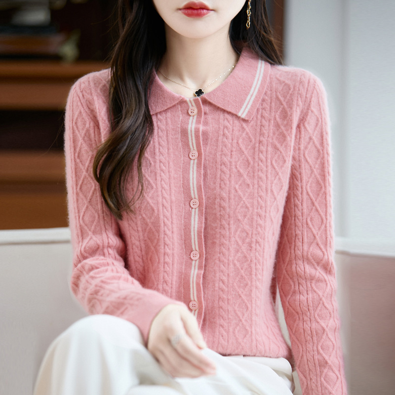 新款秋冬100羊毛女Polo衫时尚翻领开衫毛衣减龄针织衫短款一件代|undefined