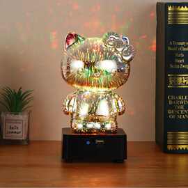 新款3D烟花helloKT猫桌面摆件电镀蓝牙音箱led浪漫七彩氛围小夜灯