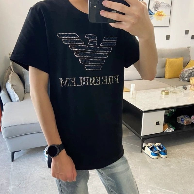 美式烫钻短袖T恤男士重磅潮流夏季精神小伙上衣体恤休闲半袖衣服