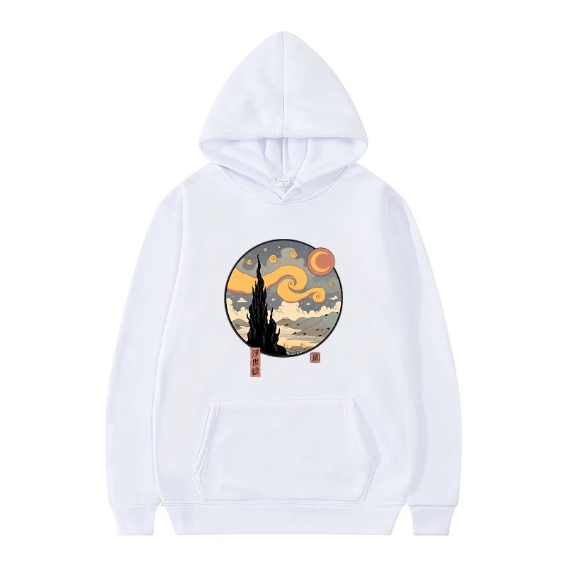 Starry Ukiyo-E Night Printed Hooded Sweatshirt Men's Autumn