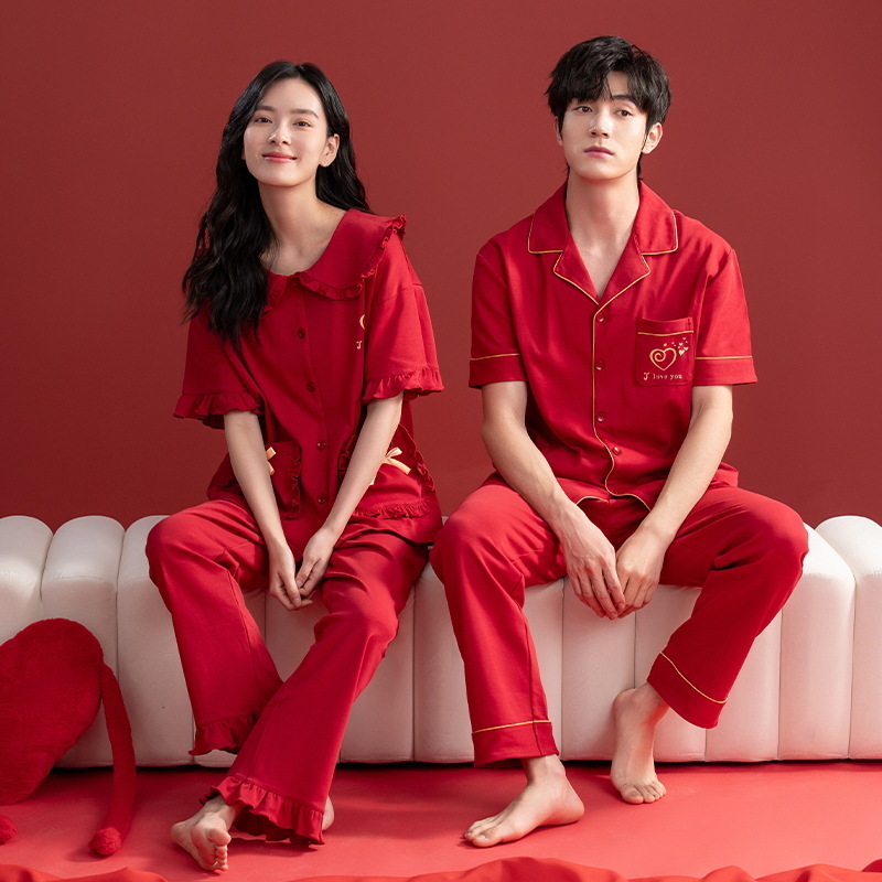 Pijamas Boda boda pareja traje rojo algodón hombres mujeres pantalones de manga corta pareja de media manga pijamas verano