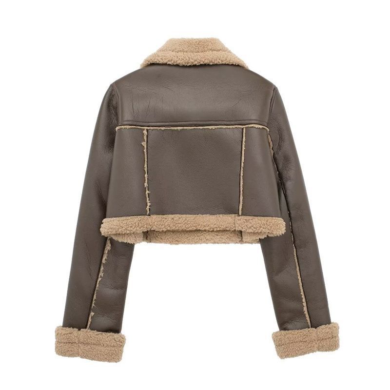 Vêtements pour femmes Automne et hiver veste de moto à revers double face pour femmes à la mode taille haute slim court haut à glissière de couleur contrastée_voghion.com