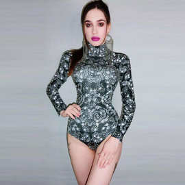 跨境演出服钻石性感透视加大码连身衣女式俱乐部派对舞台演出