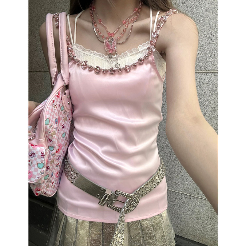 2025年夏の新しいピンクのガーリーハート象嵌ピンク宝石キャミソールは、女の子らしさと愛を保ちます|undefined