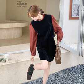 红色金丝绒拼接连衣裙套装女2025春季新款小个子直筒休闲裙两件套