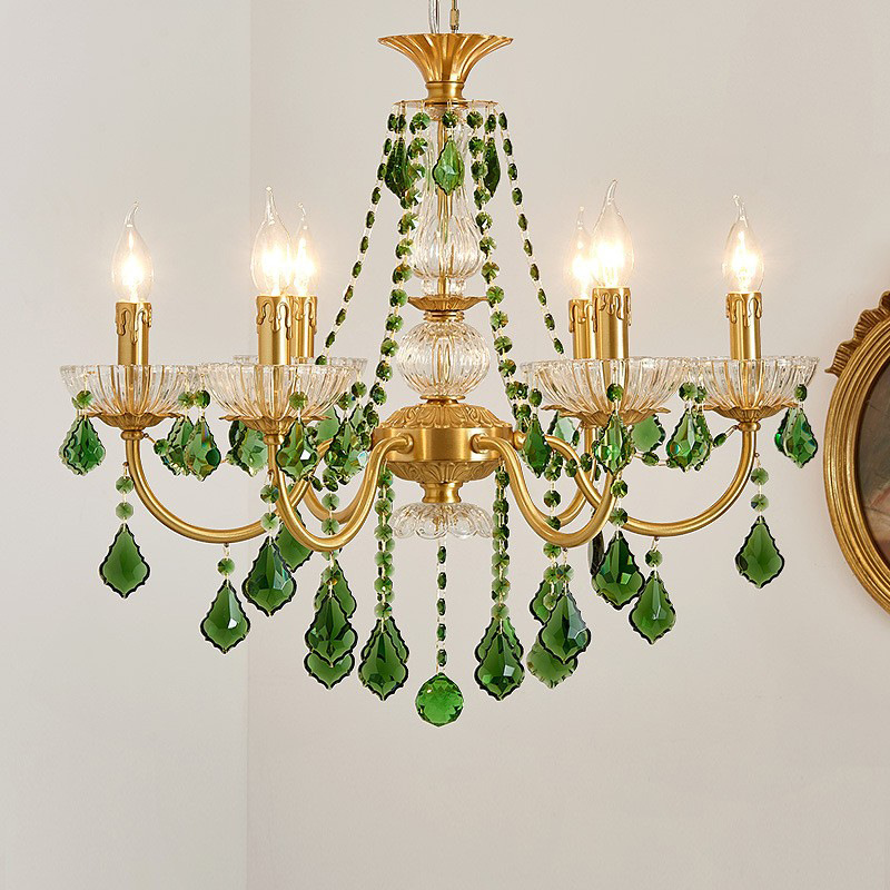 French-style living room crystal chandelier, luxurious bedroom and dining room, copper ink green, European retro pastoral full copper candle lamps