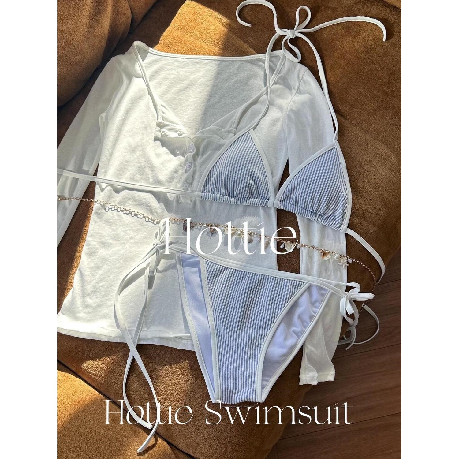 Korean Navy Blue Stripesd Bikini Three-Piece Long-Sleeved Blouse Pure Lust Atmosphere Beach Vacation Swimsuit Summer