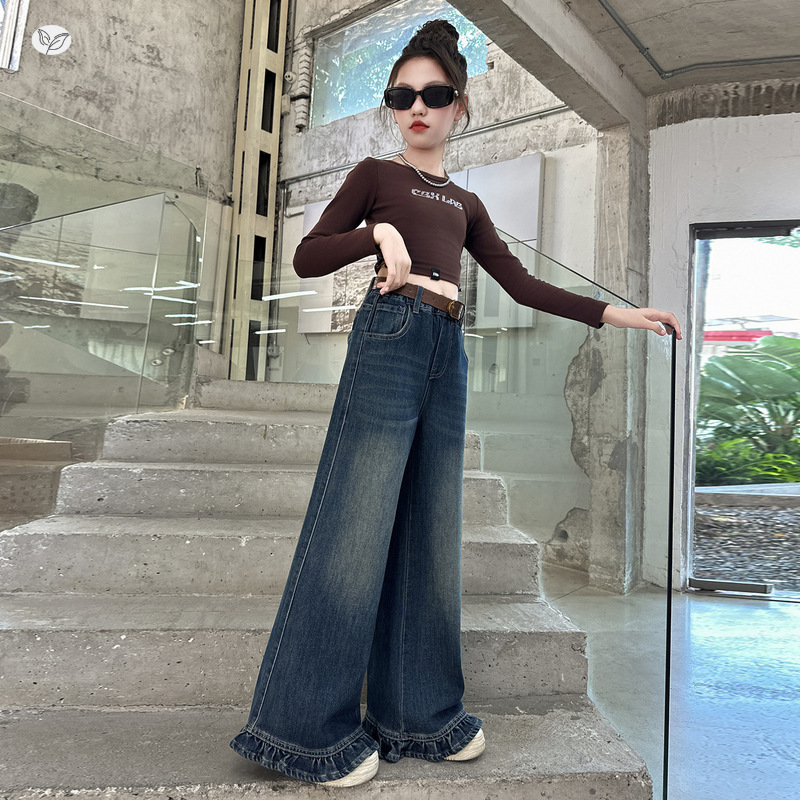 女童牛仔喇叭裤2025新款春秋荷叶边脚口阔腿裤中大童洋气拖地裤潮|undefined
