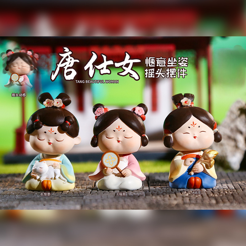新作の中国風唐時代の女性の首振り置物、樹脂工芸品、古代風少女のデスクトップや車載装飾品|undefined