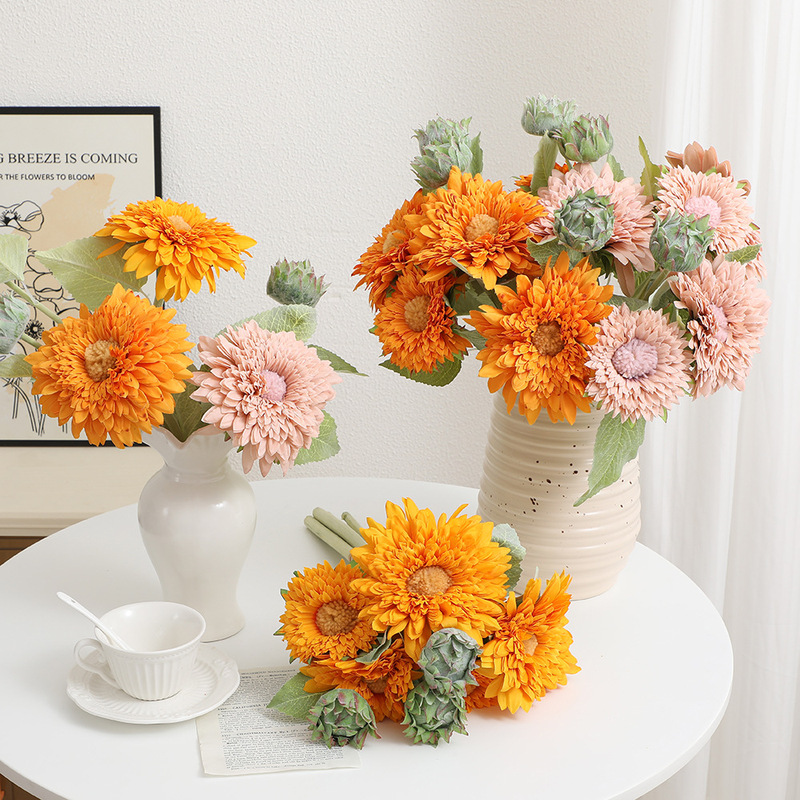 Teddy Artificial Flocked Sunflower Fake Flowers Living Room Entrance Decoration Flower Ornaments Retro Hand-Held Bouquet Manufacturer Wholesale