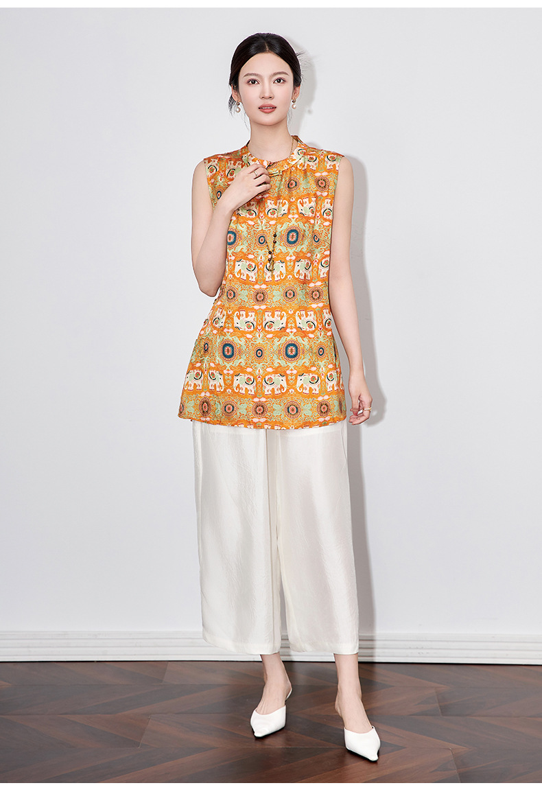 Áo vest cổ điển nữ phong cách Trung Hoa mới, chất liệu tơ tằm họa tiết voi nhỏ jacquard — Màu cam voi chi tiết 12