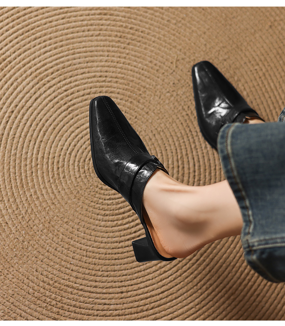 Dép sandal cao gót nữ mũi nhọn quai ngang da dê gót thô 5 cm — đen chi tiết 8