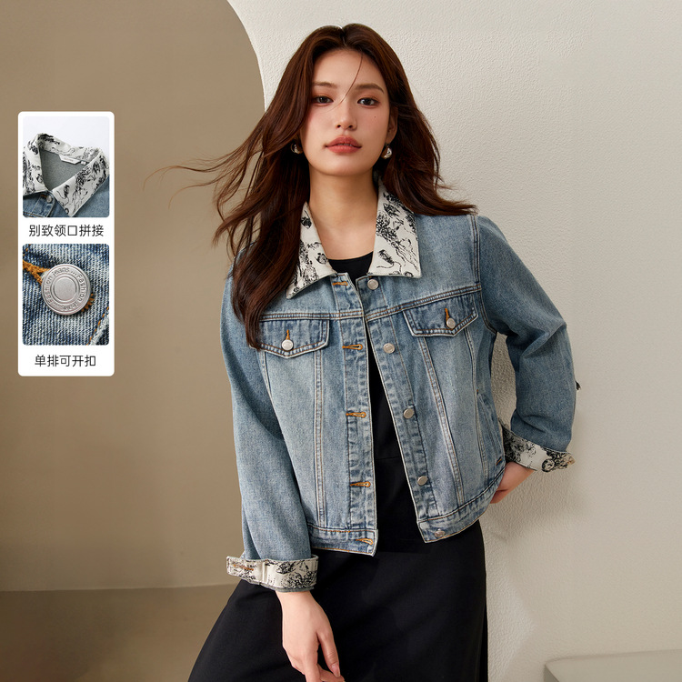 New Chinese denim jacket fiber show large size women's design sense splicing versatile cardigan top fat mm autumn new style