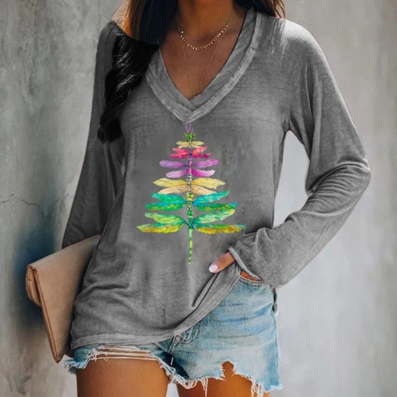 Popular 3D Digital Print Christmas-Themed Gift Party Loose Fashion Wear Women's V-Neck Long-Sleeve T-Shirt Top Popular 3D Digital Print Christmas-Themed Gift Party Loose Fashion Wear Women's V-Neck Long-Sleeve T-Shirt Top